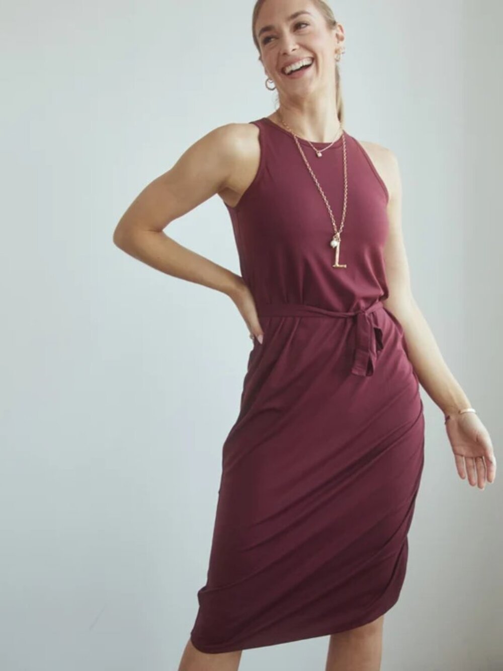 SheBird The Rachel Midi Bra Dress Ruched Side Belted Tie Sleeveless Maroon Merlo